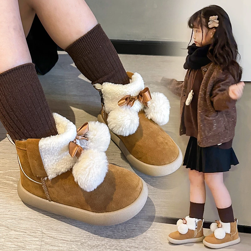 

Зимняя распродажа, детские повседневные бархатные теплые зимние ботинки на толстой подошве, модные короткие сапоги с круглым носком для маленьких девочек, мягкие короткие сапоги на молнии с бантом