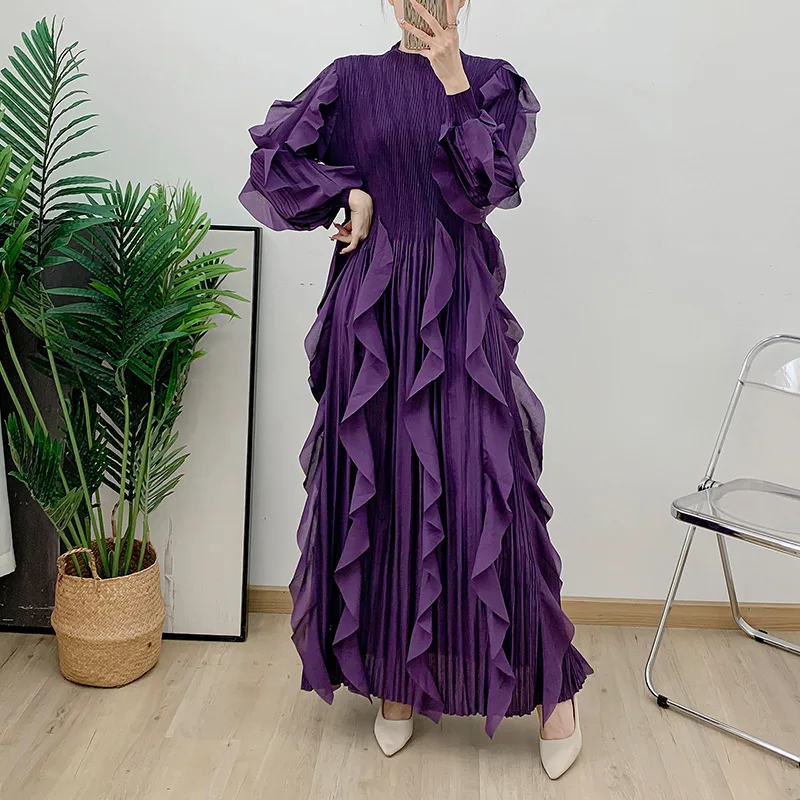 ANLAN Slim Pleated Dress For Women O-Neck Long Sleeves Ruffles Fashion Solid Maxi Evening Dresses Clothing 2024 Autumn New 2A109