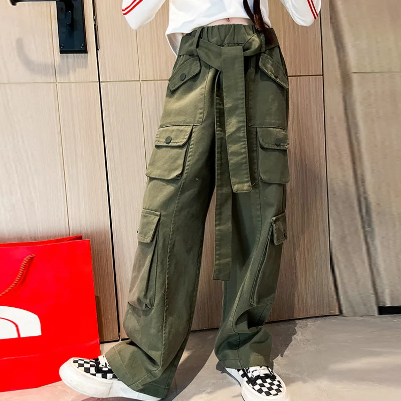 Teen Girls Cargo Pants with Belt Pockets Army Green High Wasit Straight Trousers Spring Fall Kids Clothes