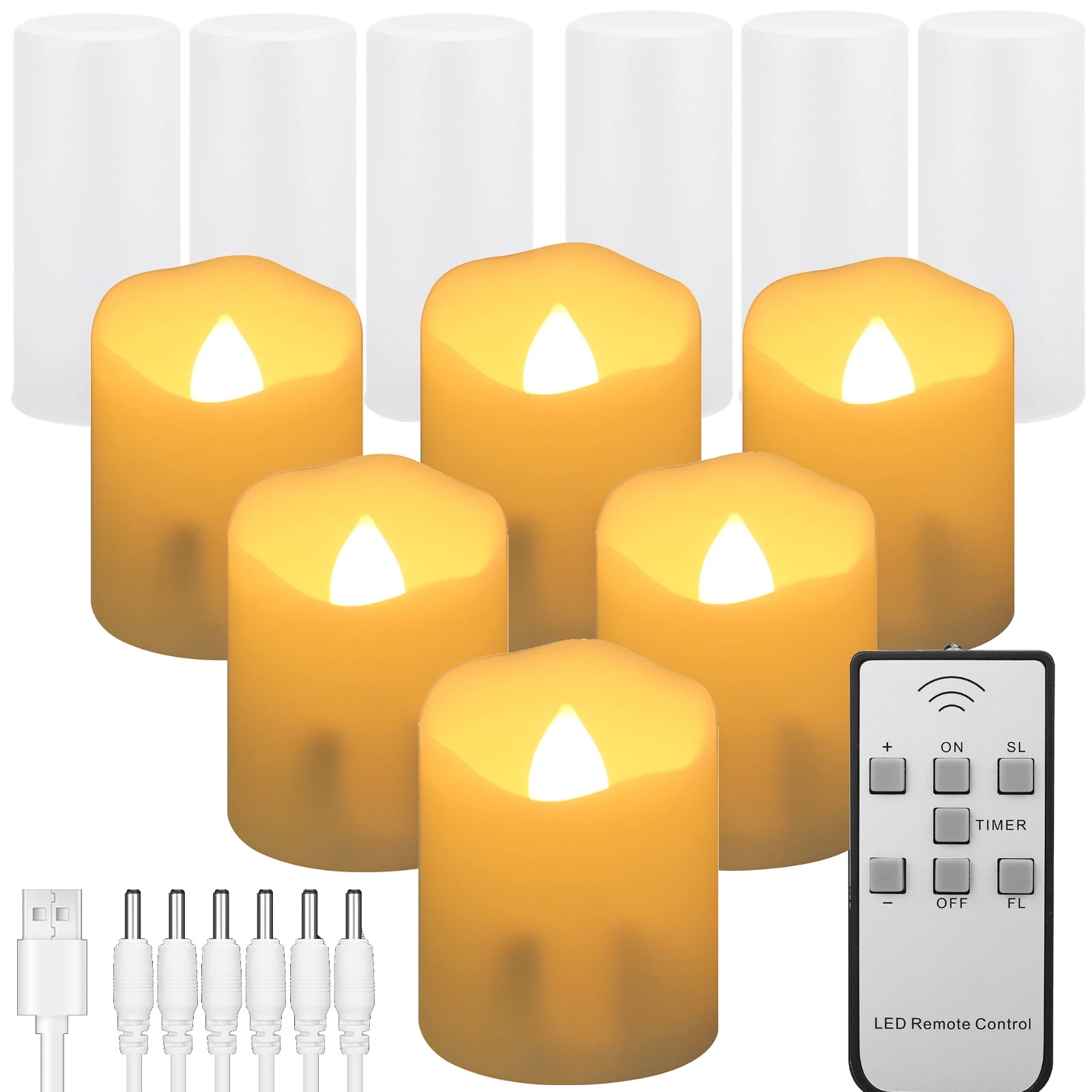 Paquete de 6 velas sin llama recargables por USB con control remoto, luces LED votivas con pilas realistas, vela falsa eléctrica