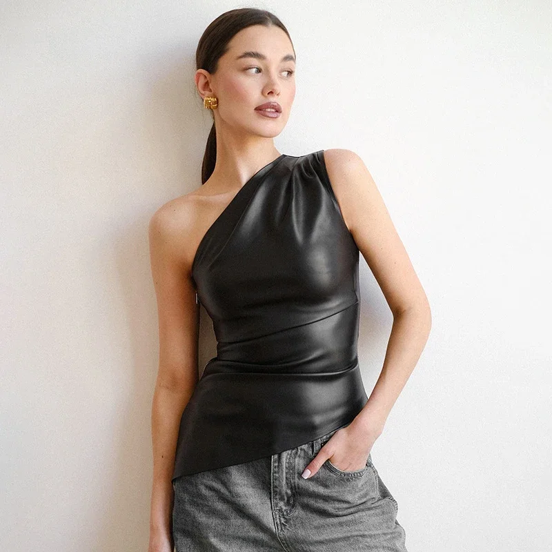 

Slant Collar PU Leather T-shirt Top Women's Sleeveless Zipper Sexy Slim Club Party Tanks Hot Girl Solid Fashion Autumn