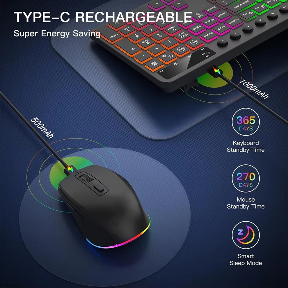 Clavier et souris sans fil avec rétro-éclairage, clavier ergonomique pleine grandeur avec support pour téléphone et tablette, souris 2.4G pour PC et ordinateur portable