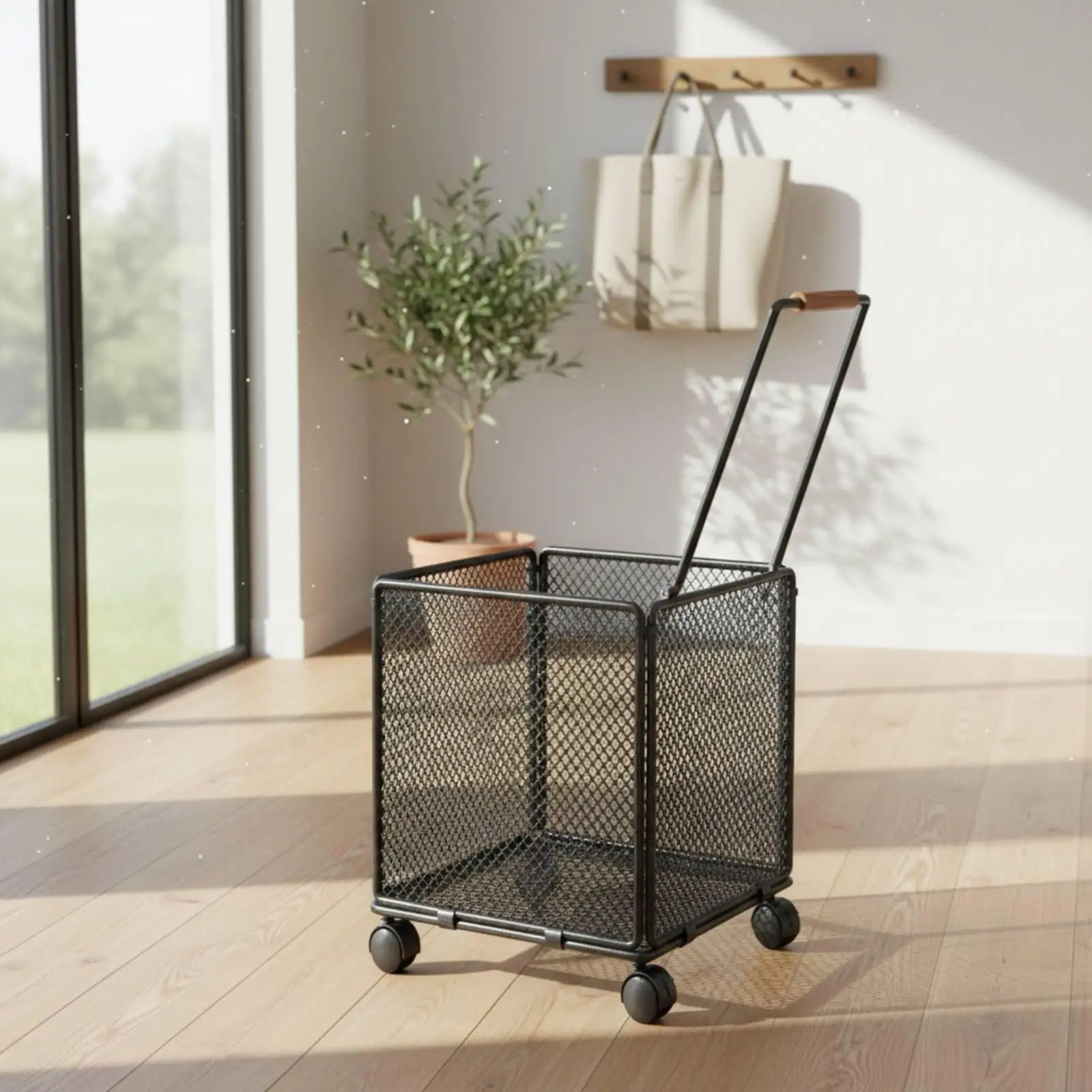 Compact Shopping Trolley with 4 Wheels for Grocery Market Runs Foldable Iron Utility Cart with Open Mesh Basket for Senior