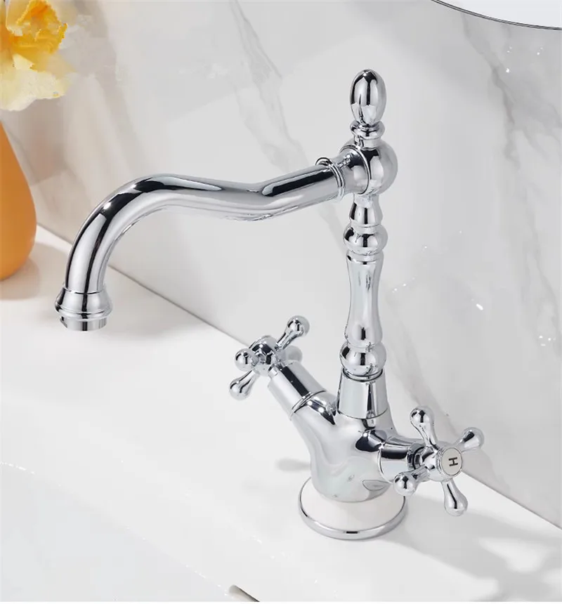 Gold Bathroom Faucet Brass Ceramic Chrome Bathroom Basin Faucet Cold  Hot Water Mixer Sink Tap Double Handle Deck Mounted  Tap