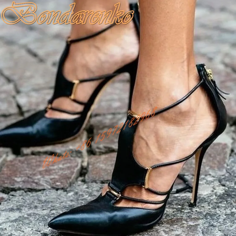 

New Style Hollow Straps Pumps Pointy Toe Solid Leather Back Zipper Women Dress Pumps Stiletto Heels Spring Summer Party Shoes