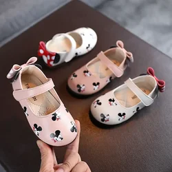 Disney Mickey Mouse Children's Cartoon Printed Soft Shoe Upper Small Leather Shoes Girl's Bow Princess Shoes Baby Walking Shoes