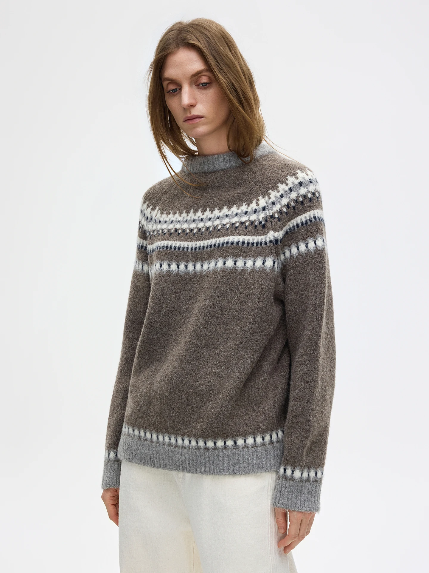 

Thiened Wool Blend Knitted Sweater round Ne Pullover Loose Fit Women's Winter Sle Retro Striped Fair Isle Texture Sweater