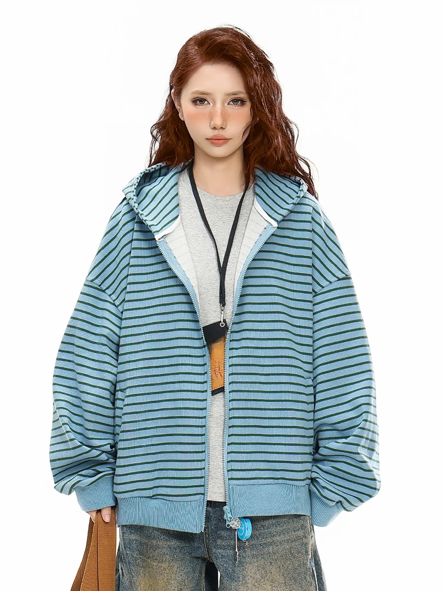 

American Retro Striped Splicing Hat Sweatirt Men's Casual Laid-ba Sle Couple Open Cardigan Jaet Spring Cotton Polyester