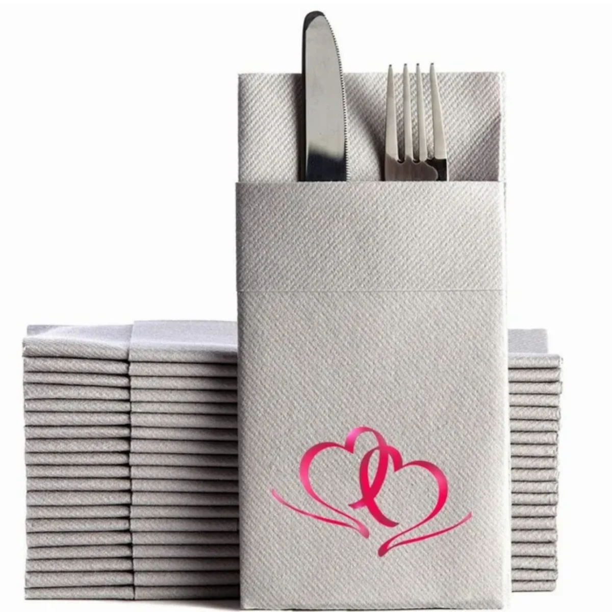 1/8 waiter gray cocktail and party airlaid napkin with fold pocket fabric feeling,love, patterned, valentines, mothers, personal