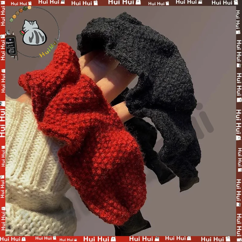 High Cranial Top Pleated Wool Wide Version Hair Hoop Headband Women Retro Red Knitted Hair Clip Hair Accessory Slim Face