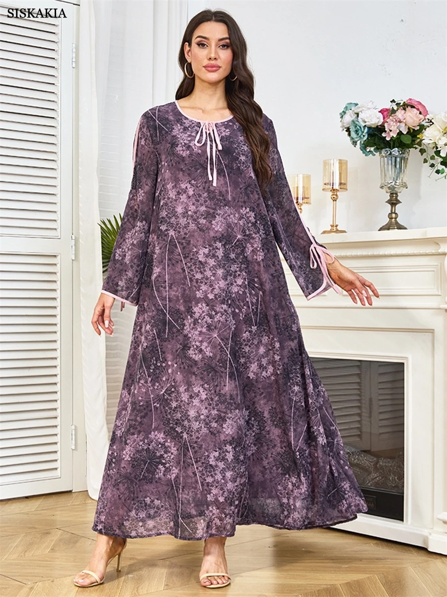 Siskakia Muslim Casual Loose Floral Print Abaya Dubai Woman Bow Long Sleeve Dress Fashion Round Neck Kaftan