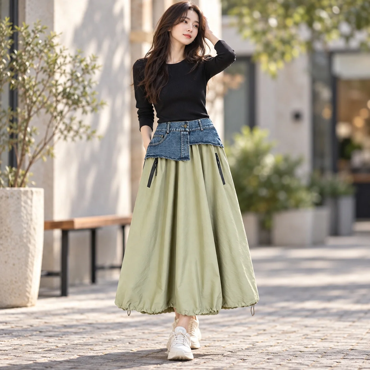 Casual Patchwork Skirt Maxi Length with Slight Stretch Spring Japanese Korean Casual 3D Effect Pattern Zipper Skirts for Women