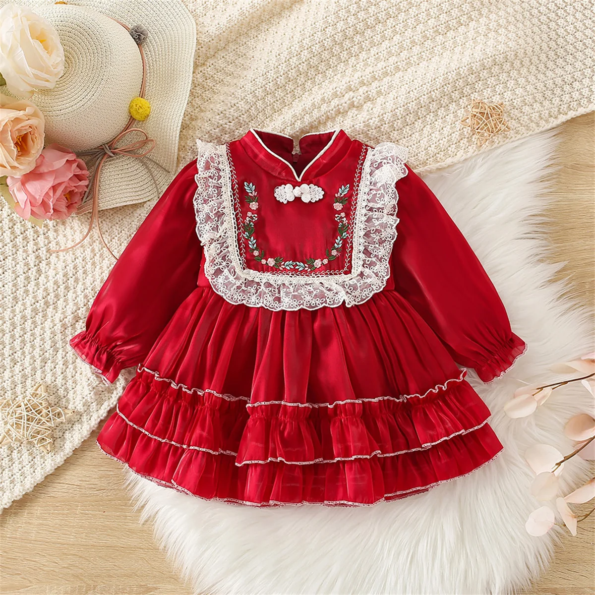 New girl\'s retro princess long sleeved dress for autumn children\'s clothing, Chinese style embroidered fluffy children\'s skirt