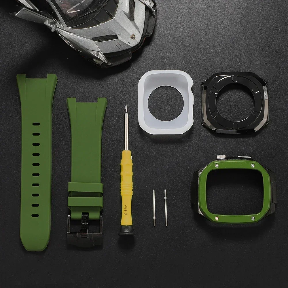 Stainless Steel Case+Rubber Strap For iWatch 9 45mm 44MM Silicone Band Modification Kit For Apple Watch Series 9 SE 8 7 6 5 4