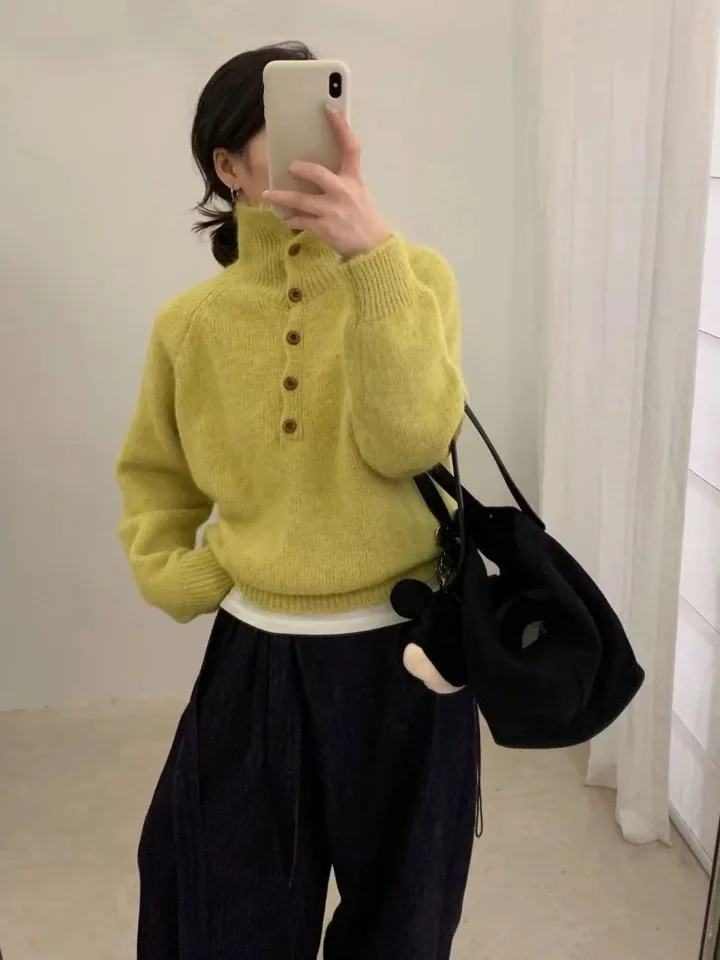 Cappotto maglione lavorato a maglia Ele da donna vestibilità ampia collo alto abbigliamento interno f collo alto autunno inverno capispalla morbido Thiened