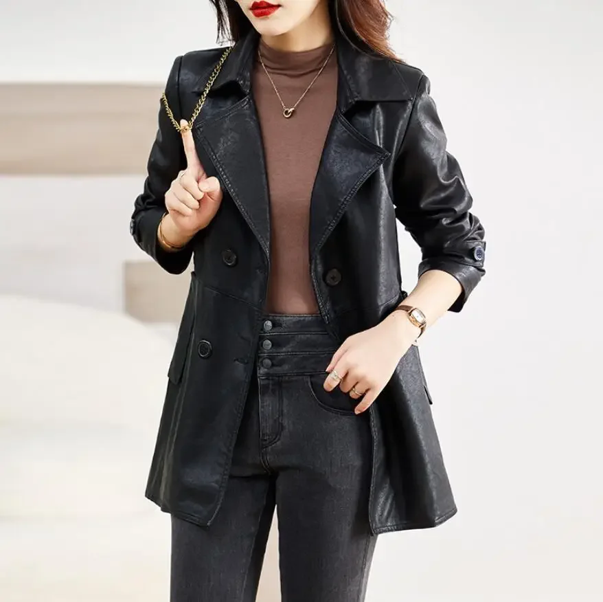 Turn-down Collar Genuine Leather Jacket Women Korean Fashion Slim Sheepskin Coat Black Real Leather jackets ladies Casual Blazer