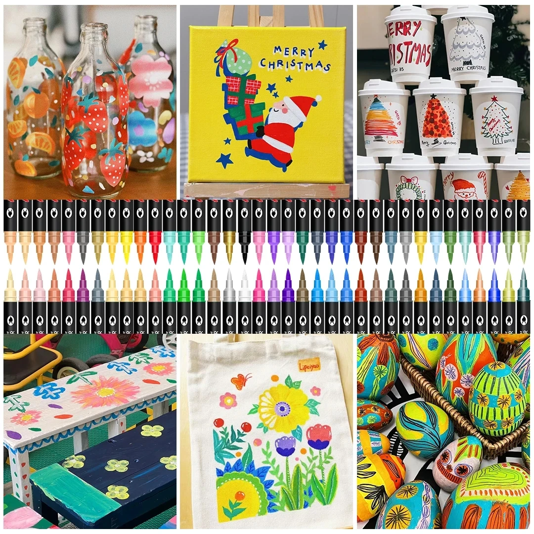 24/48/72 لون علامات طلاء أكريليك، أطراف مزدوجة لون مزدوج لطلاء الصخور، قماش، خشب، زجاج، سيراميك، قماش، بلاستيك، فرشاة ناعمة #5