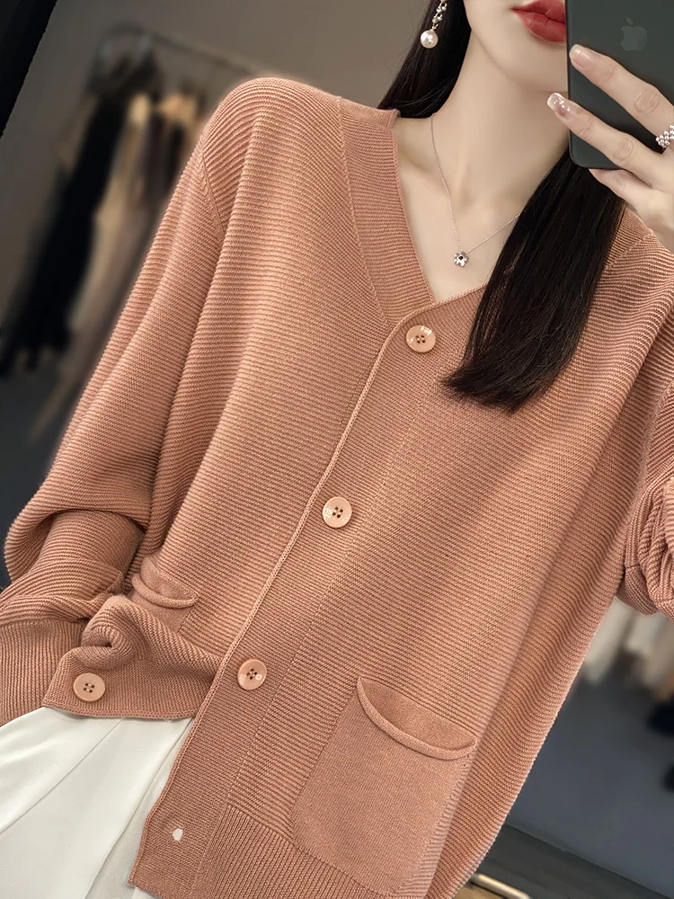 100% Cotton V-neck Cardigan Women\'s Clothing 2024 Spring/Autumn New Knit Sweater Korean Fashion Coat Soft Comfortable Top Female