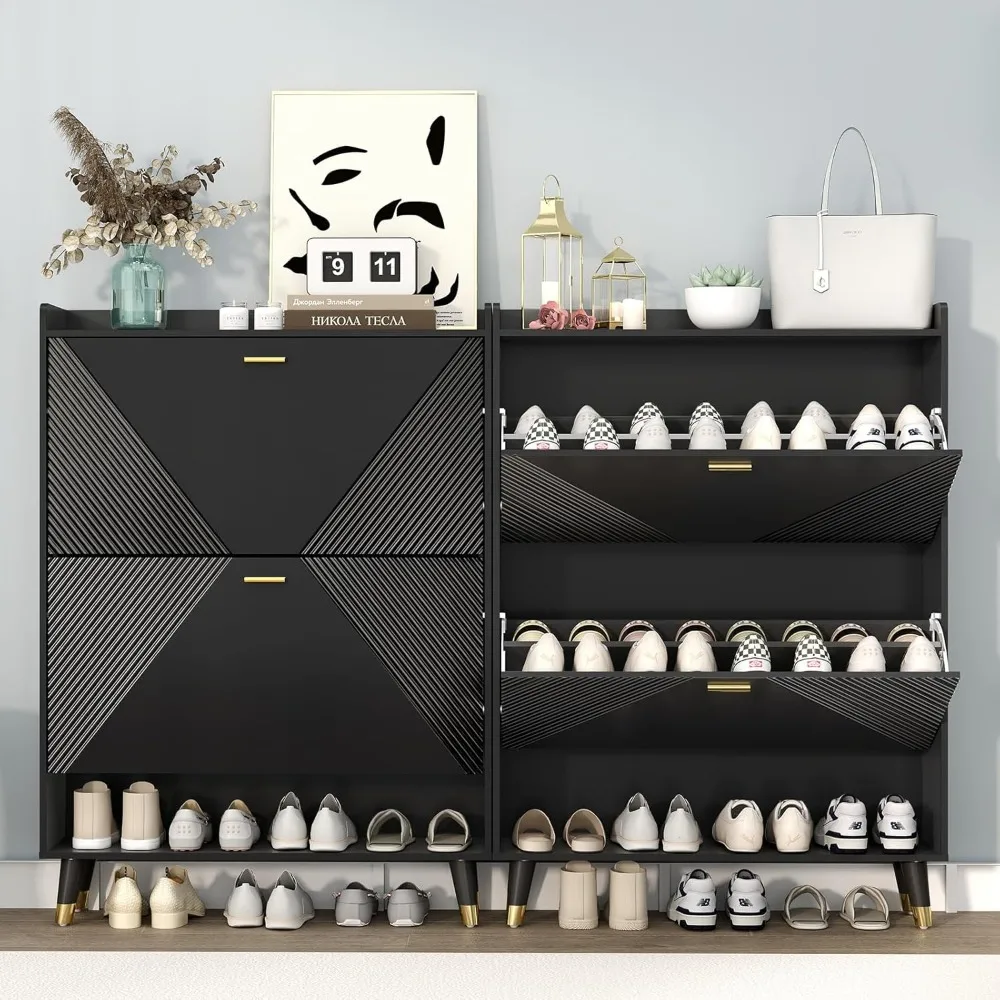 

Shoe Storage Cabinet with 2 Flip Drawers, Slim Wooden Freestanding Shoe Cabinet with Cubby and Shelf, Hidden Narrow Shoes Rack