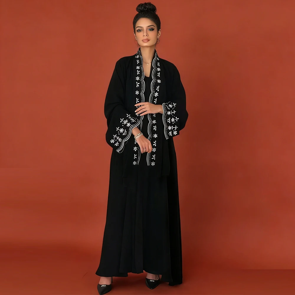 

Черные абайи для женщин на Ид, мусульманское платье-хиджаб с вышивкой, джалабия, дубайский кафтан, кимоно, кардиган, кебая, марокканский кафтан, женская роба