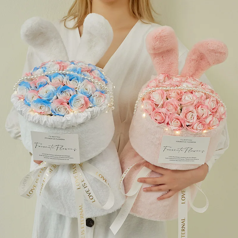 Orecchio di coniglio Bouquet di Rose giocattoli per bambole fiori artificiali Bouquet di Rose di san valentino decorazione per feste di matrimonio regalo di compleanno di natale
