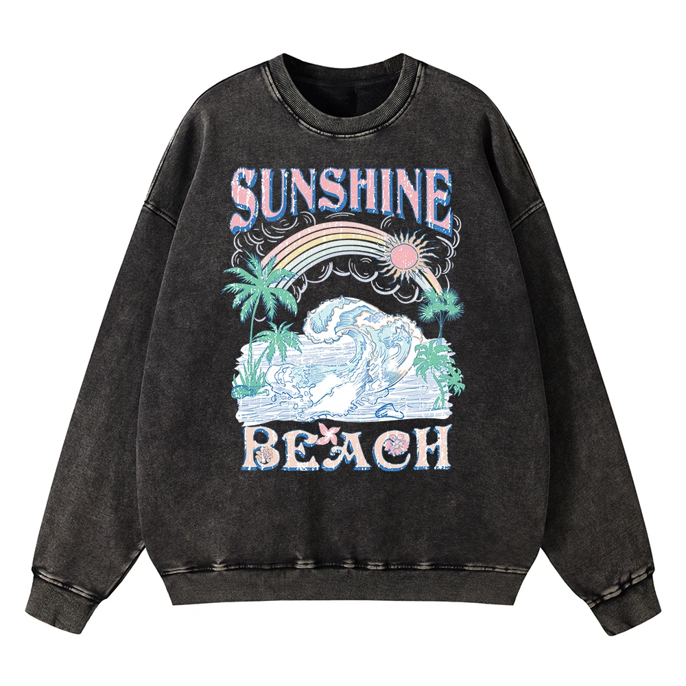 

Vintage Distressed Washing Sunshine Beach Sea Wave Hoody Men Fashion Sweatshirt Cotton Autumn Hoodies Oversized Loose Clothes