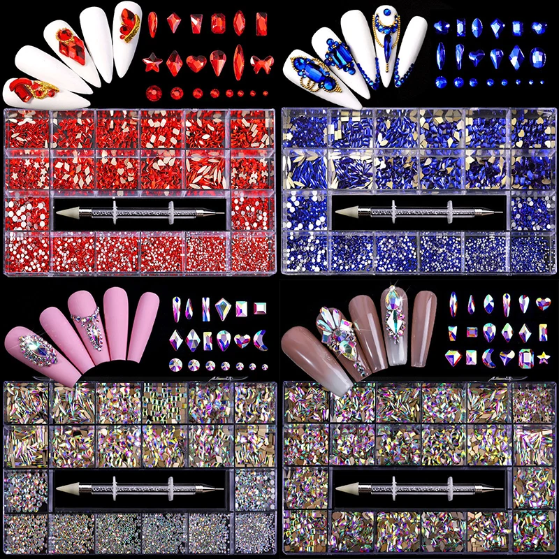 Shiny AB Glass Crystal Diamond Flat Rhinestones Nail Art Decoration 21 Grid Nails Accessories Set Nail Art Stone DIY For Nails