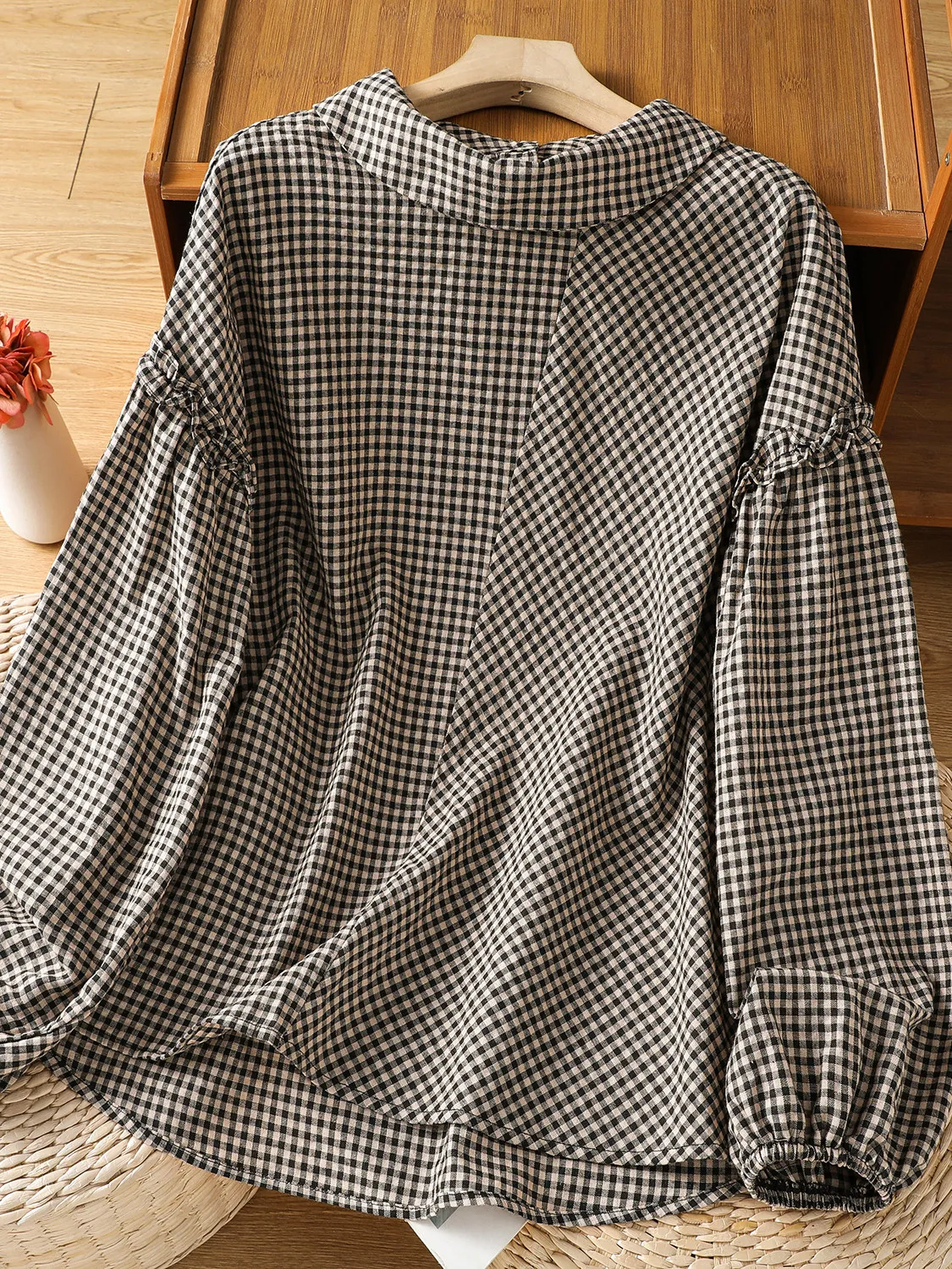 

Spring 2026 Large Size Women's Shirt Irregular Plaid Artistic Style Cotton Long Sleeve Button up Loose Fit Casual Inner Wear