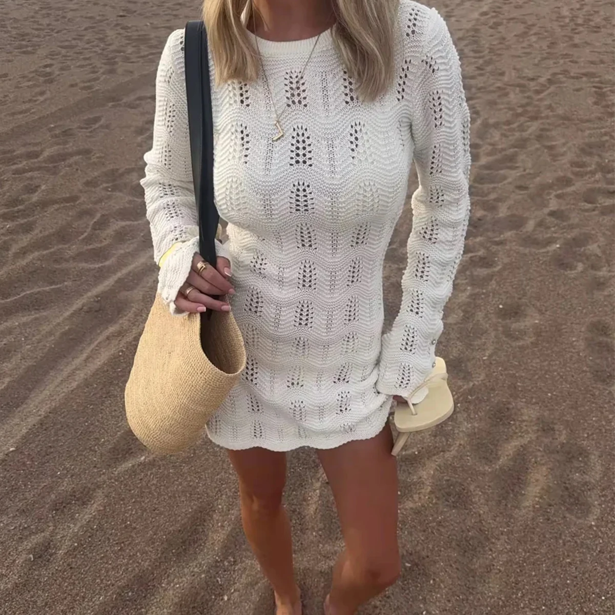 

Летнее пляжное платье-накидка для бикини с вырезами, модное облегающее вязаное платье однотонного цвета, стильная повседневная одежда