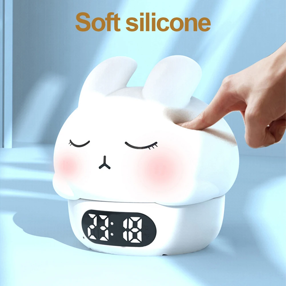 Cute Nightlight Clock:Soft Touch,Versatile Functions,Accompany You To Sleep Shy Rabbit Pat Night Light Alarm Clock Bedroom Bedsi