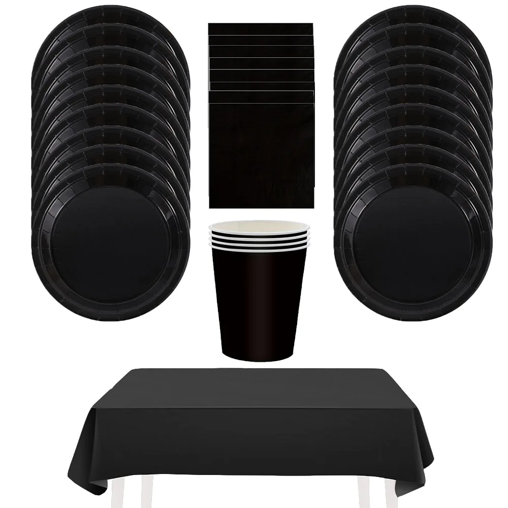 61-teiliges Schwarzes Geburtstags-Dekorationsset Einweg-Tischgeschirr Pappteller Servietten Becher Tischdecke Luxuriöses Elegantes Hochzeits-Party-Set