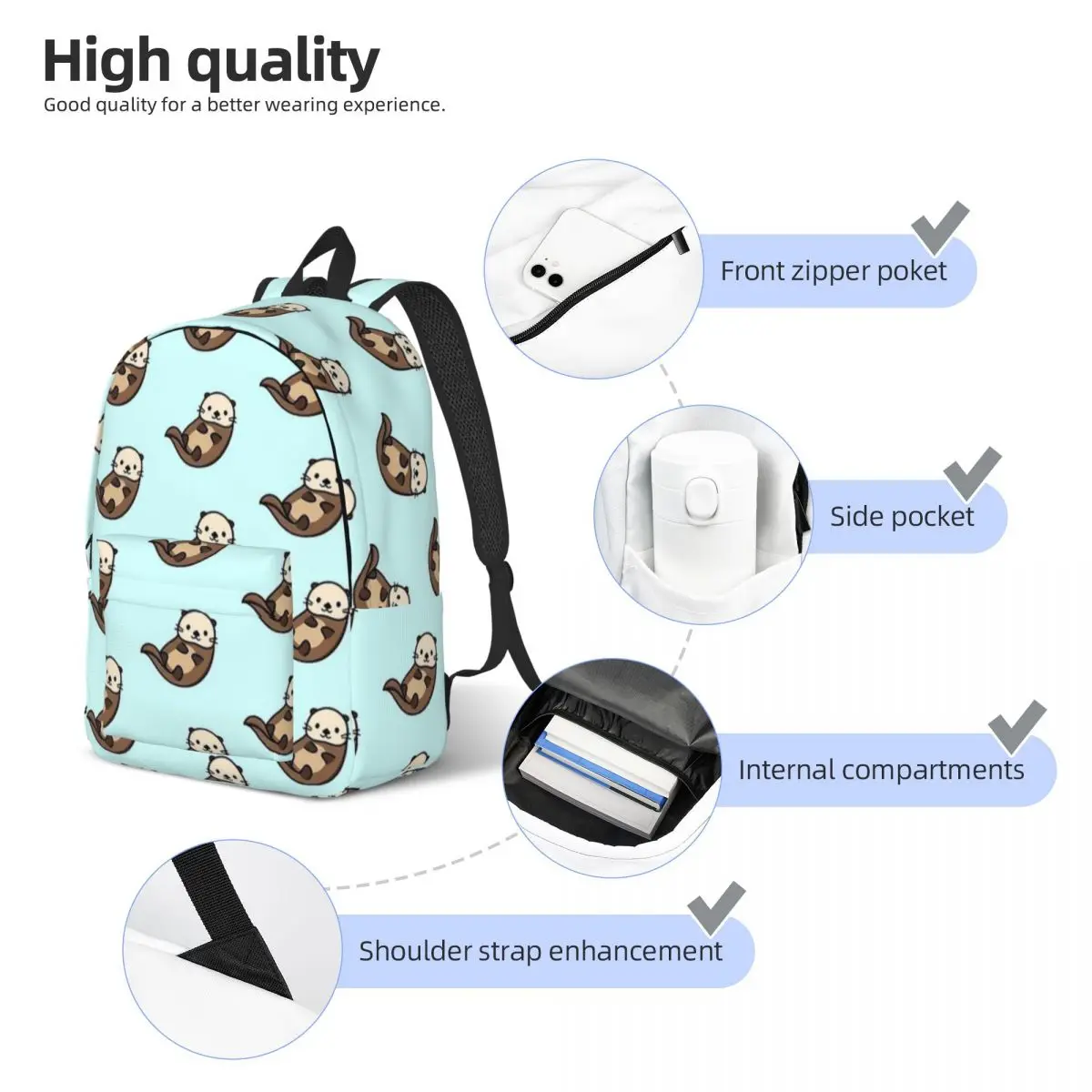 Mochila Kawaii de nutrias marinas para hombres y mujeres, morral de hombro para estudiantes, senderismo, viaje, universidad, al aire libre