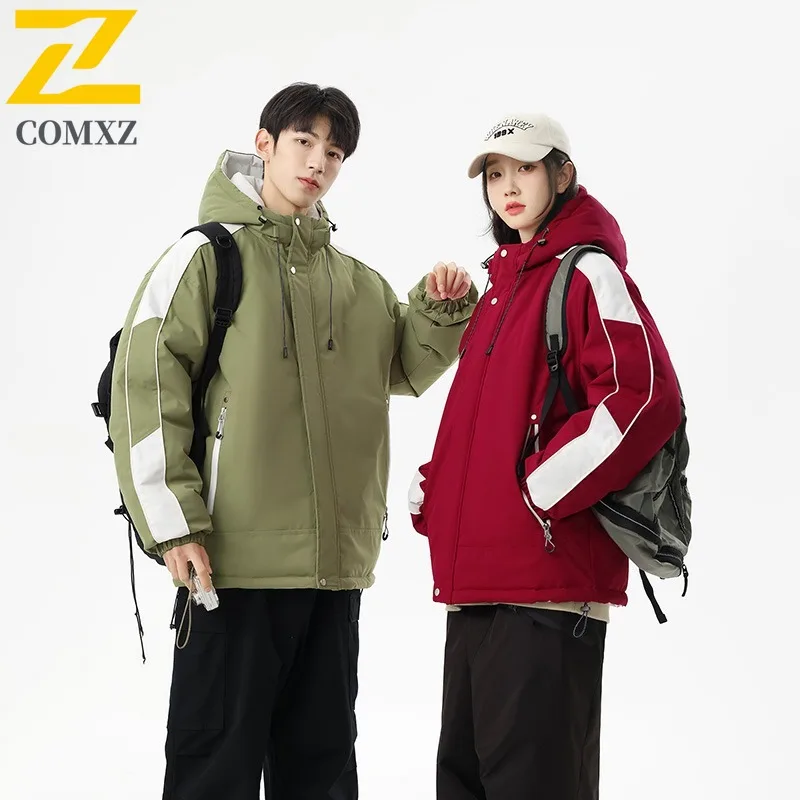 Coxz jaqueta masculina de pão com capuz, à prova de frio, à prova de vento, leve, moderna, solta, formal, neve, esqui, acolchoada, streetwear, casaco acolchoado