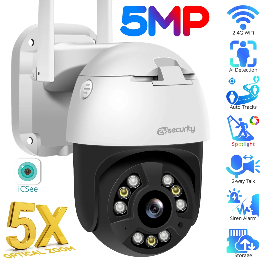 5MP Camera IP Ngoài 5X Zoom Quang Tự Động Theo Dõi PTZ Màu Tầm Nhìn Ban Đêm Tốc Độ Không Dây Dome Âm Thanh Video Camera Giám Sát