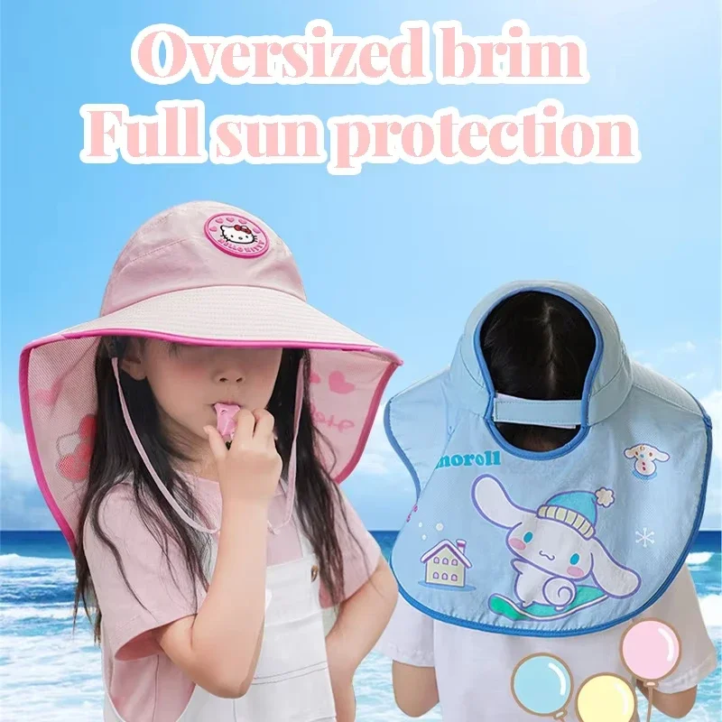 Kawaii Kuromi My Melody Sun Hat with Whistle Detachable Neck Cover Quick Dry Uv Protection Cute Gift for Girls Students