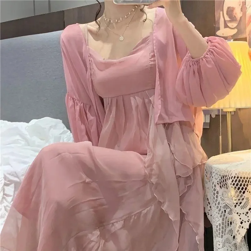 

2024 Female Spring Summer Gentle Wind Sling Ruffled Edge Dress French Design Sense New Suspender Long Dress + Cardigan Coat 2PCS