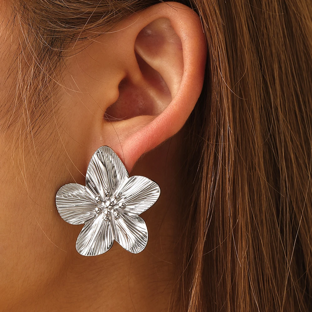 Stainless Steel Earrings Light Luxury Delicate Elegant Botanical Large Flower Earrings For Women Jewelry Commuter Matching