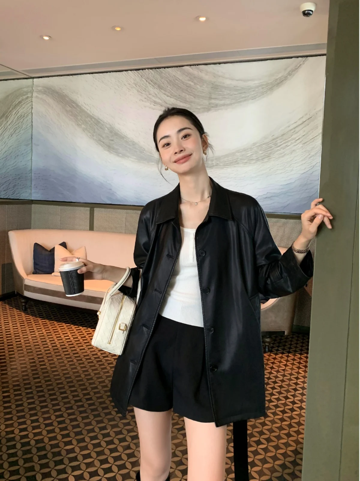 Pusumede Bla PU Leather Waist-Cinching Belted Jaet Women's Street Sle Loose Fit Long Sve Coat for Spring Autumn