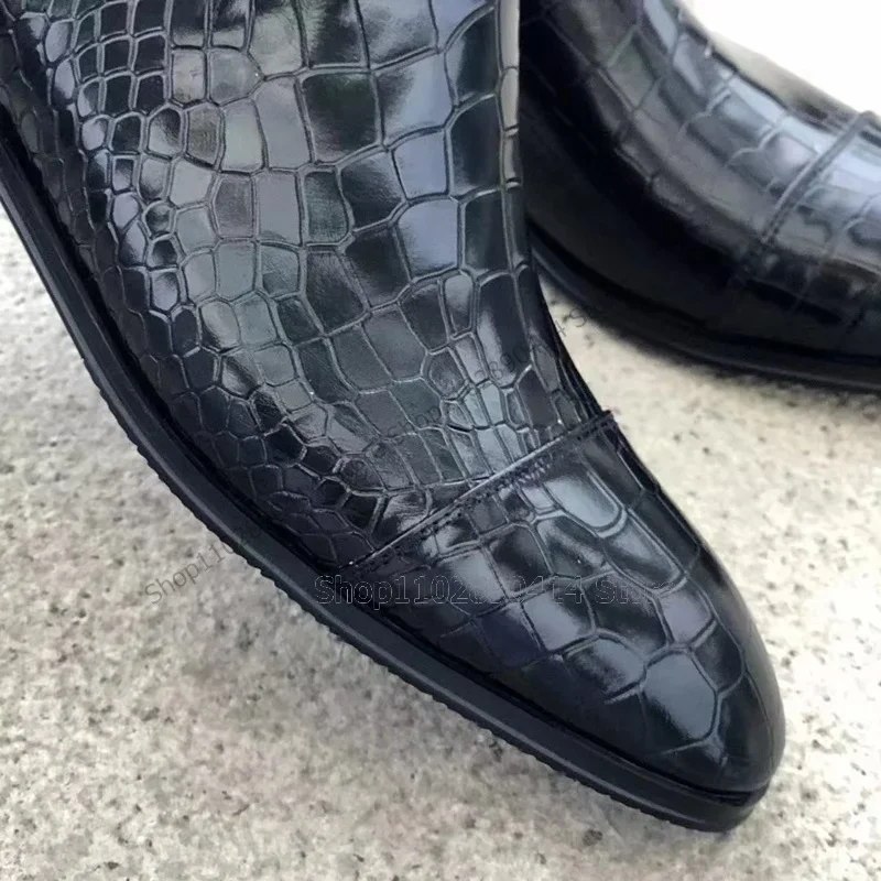 黒のクロコダイルプリント、ポインテッドトゥ、アンクルブーツ、メンズファッションスリッポンブーツ、ハンドメイド、パーティー、宴会、オフィス、大きいサイズ、メンズドレスシューズ