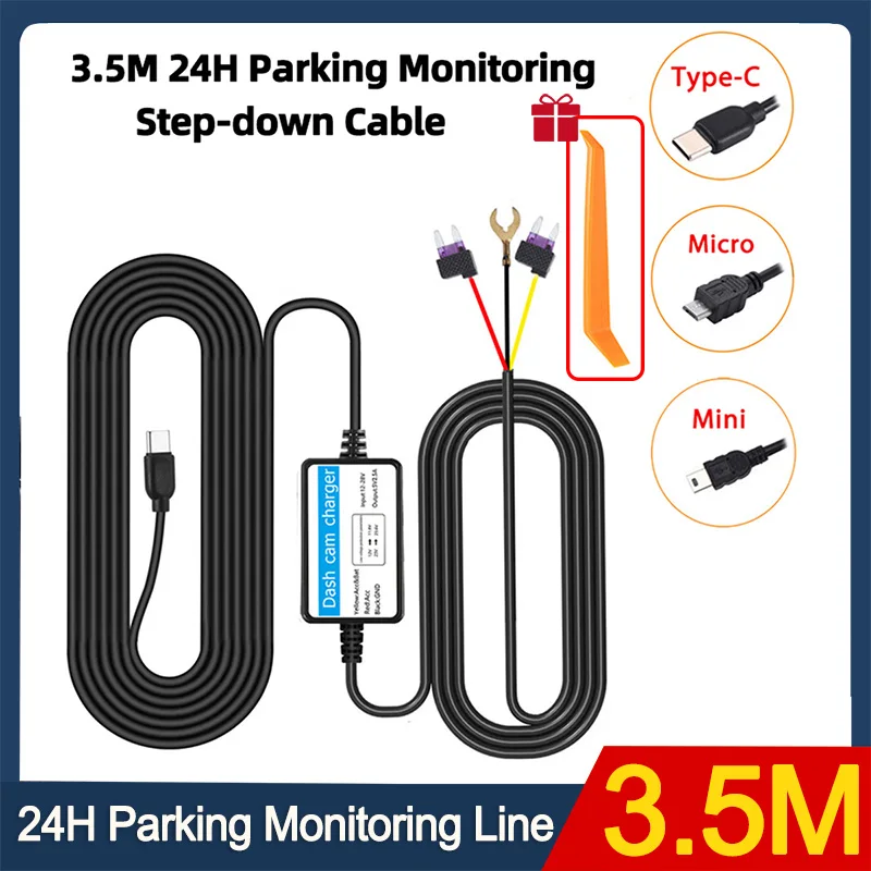 Zestaw przewodów o długości 3,5 m Mini ładowarka samochodowa USB typu C Wyjście 5 V/2,5 A Kabel monitorujący parkowanie 24 godziny do kamery samochodowej Reaview Mirror