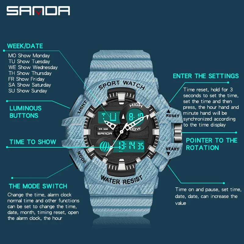 SANDA 2023 New Fashion Couple Sports Watches Timer HD LED Dual Display Watch Alarm Clock Men Watch Women Watch Waterproof Reloj