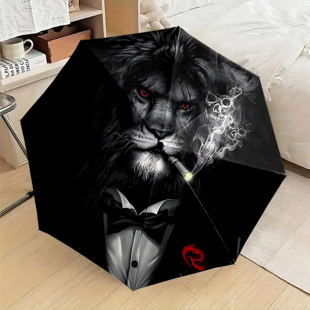 1PC Stylish Lion Design Umbrella with a Smoking Visual Effect Print 8 Iron Ribs Folding Umbrella Auto-Open Fashion Sunshade
