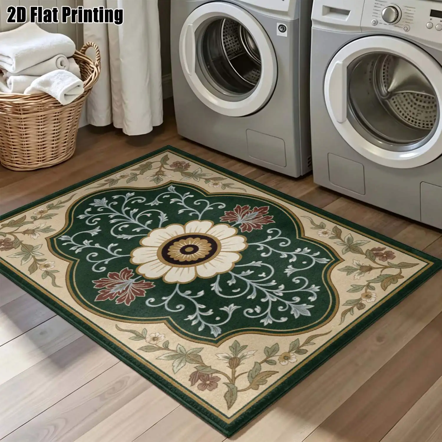 1Pc 2D Printed Retro Floral Carpet, Dark Green Base, European Style, Home Decor, Multiple Sizes, Machine Washable, Suitable for Entrance, Dining, Bedroom, Etc