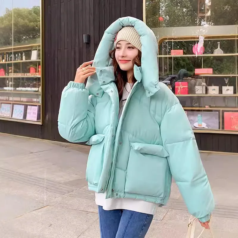 Short Parkas Coats Women Solid Jackets Drawstring Hooded Zipper Pocket Long Sleeves Thick Loose Office Lady Casual 2025 Winter