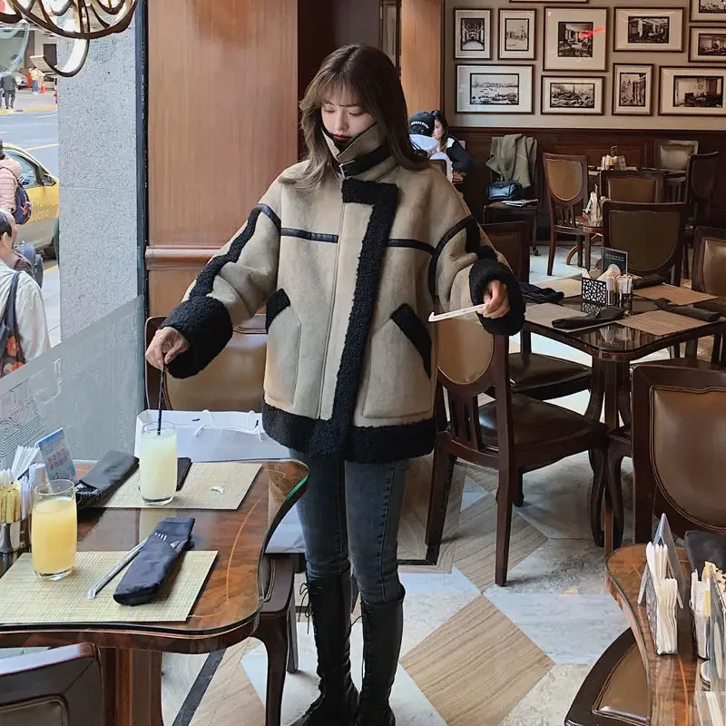 Women\'s Retro Fur One Piece Thick Lamb Fur Coat Casual Motorcycle Clothing Thick Warm Loose Autumn and Winter Coat Jacket Women