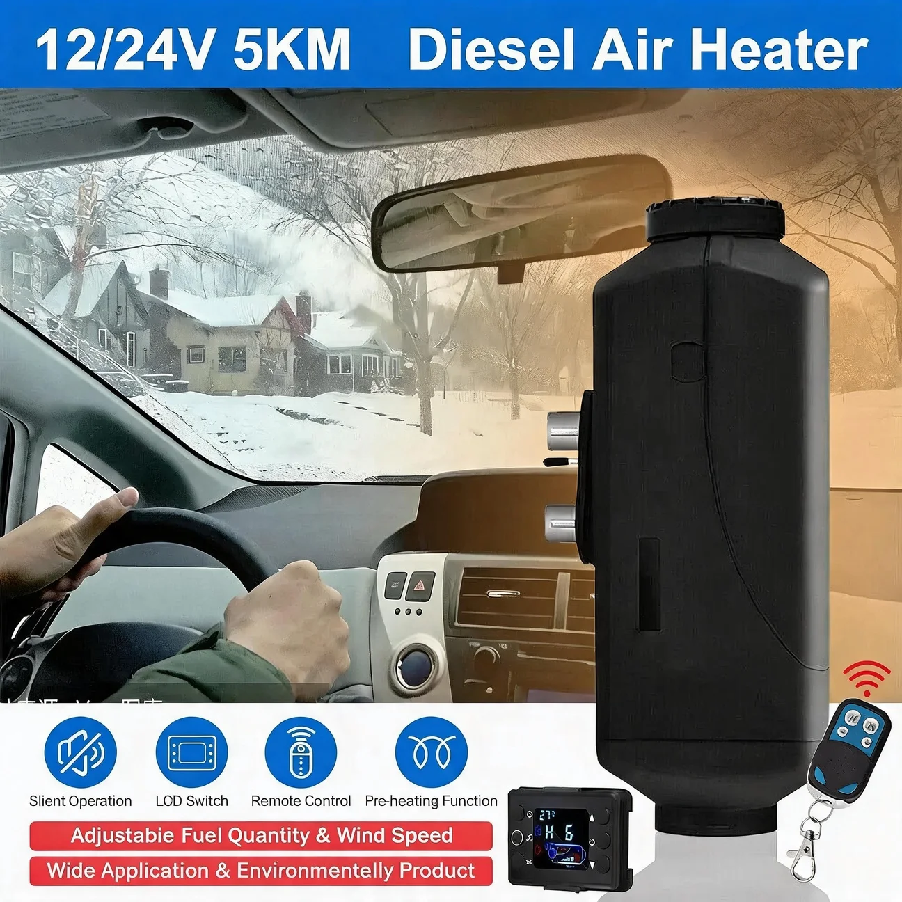 Car Diesel Heater 12V/24V 5000W Air Parking Heater Diesel Heating Low Noise Heater for Truck Bus RV Trailer Boat Heater Kits
