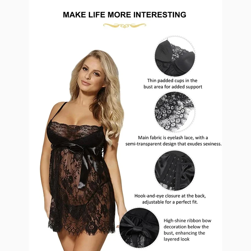 النساء زائد حجم الملابس الداخلية رمش الدانتيل بيبي دول ثوب النوم حجم كبير ملابس خاصة شبكة قميص بدوار باس النوم #4