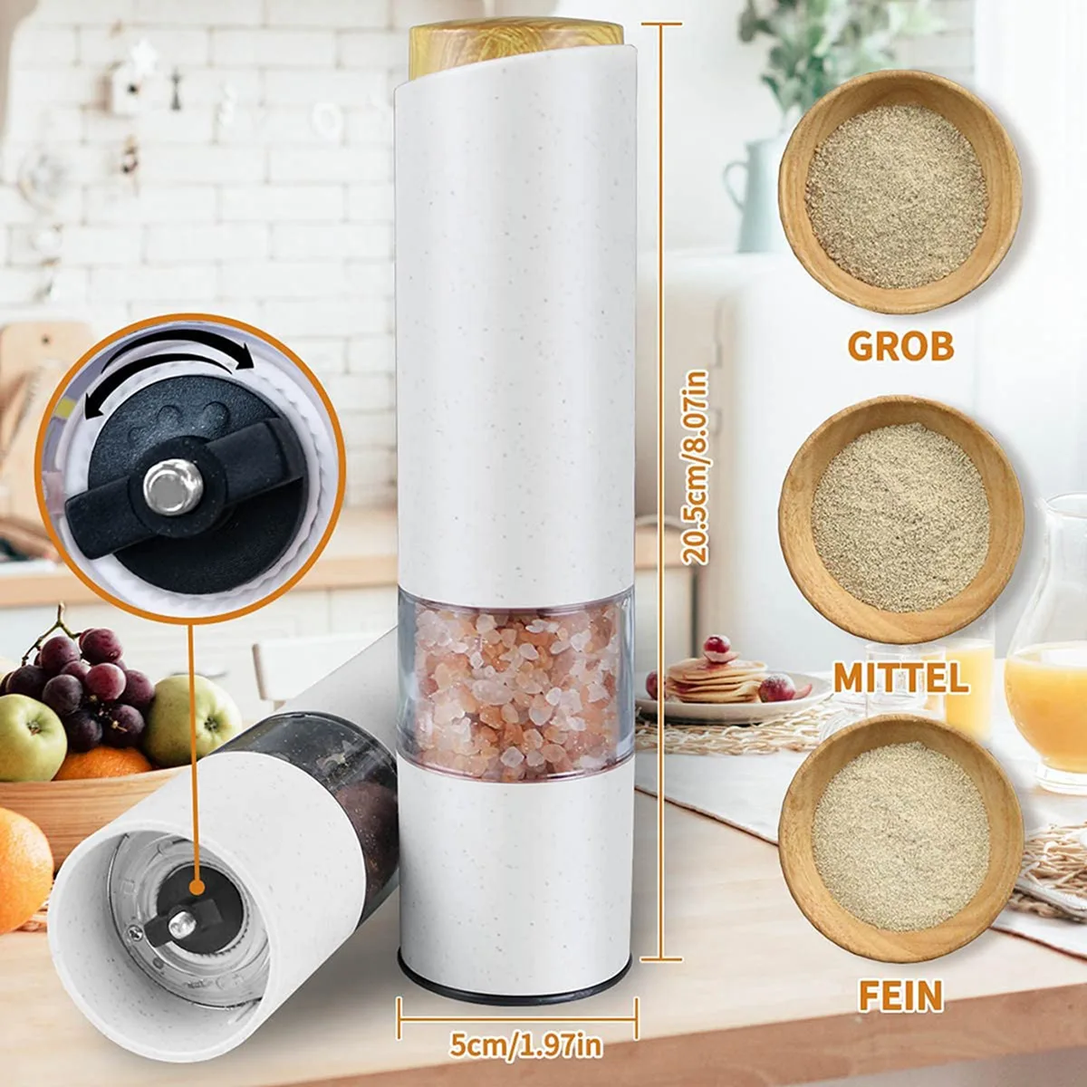 Electric Salt Pepper Grinder,Electric Ceramic Burr Mill for Herb/Pepper/Spice,Adjustable Kitchen Grinding Gadgets,White