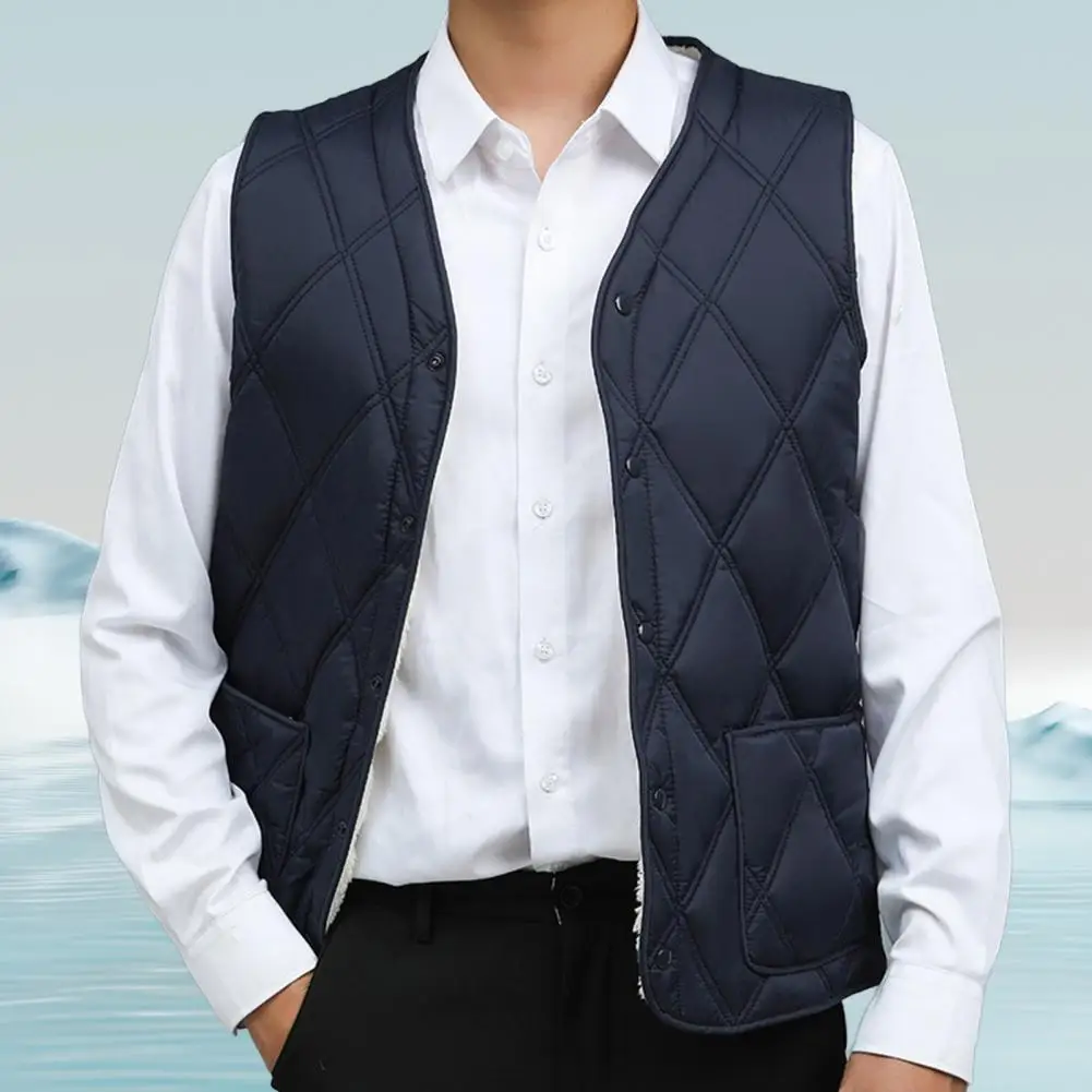 Men Velvet Waistcoat Men\'s Velvet Quilted V-neck Waistcoat with Plush Lining Single-breasted Winter Vest for Stylish for Warmth