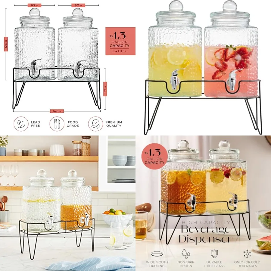 Premium Glass Drink Dispensers with Metal Stand for Parties Beverage Dispenser Set for Cold Drinks, Lemonade, Cocktails, Juice